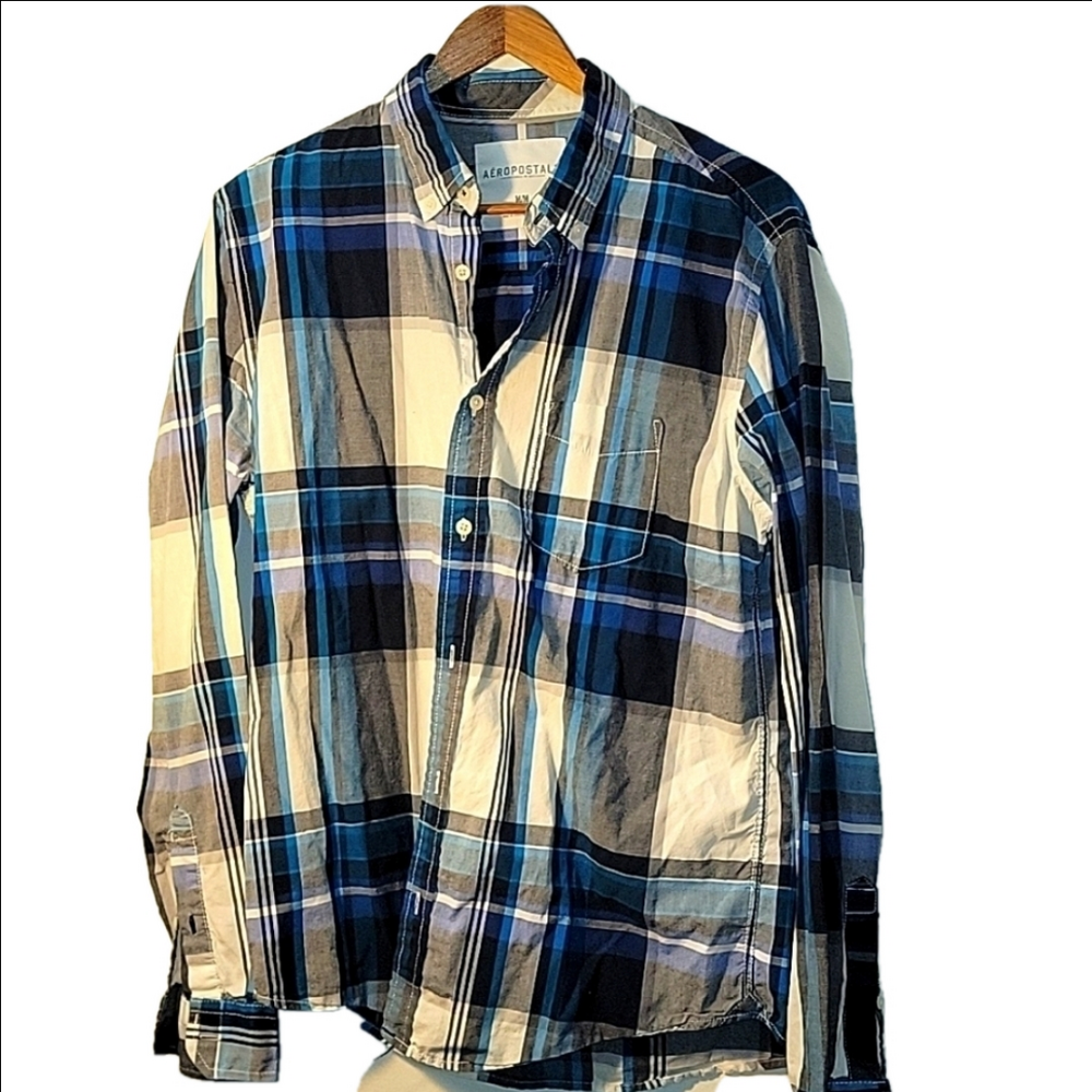 Aeropostale Men's Button Down Plaid Shirt Cotton Blue Medium Y2K